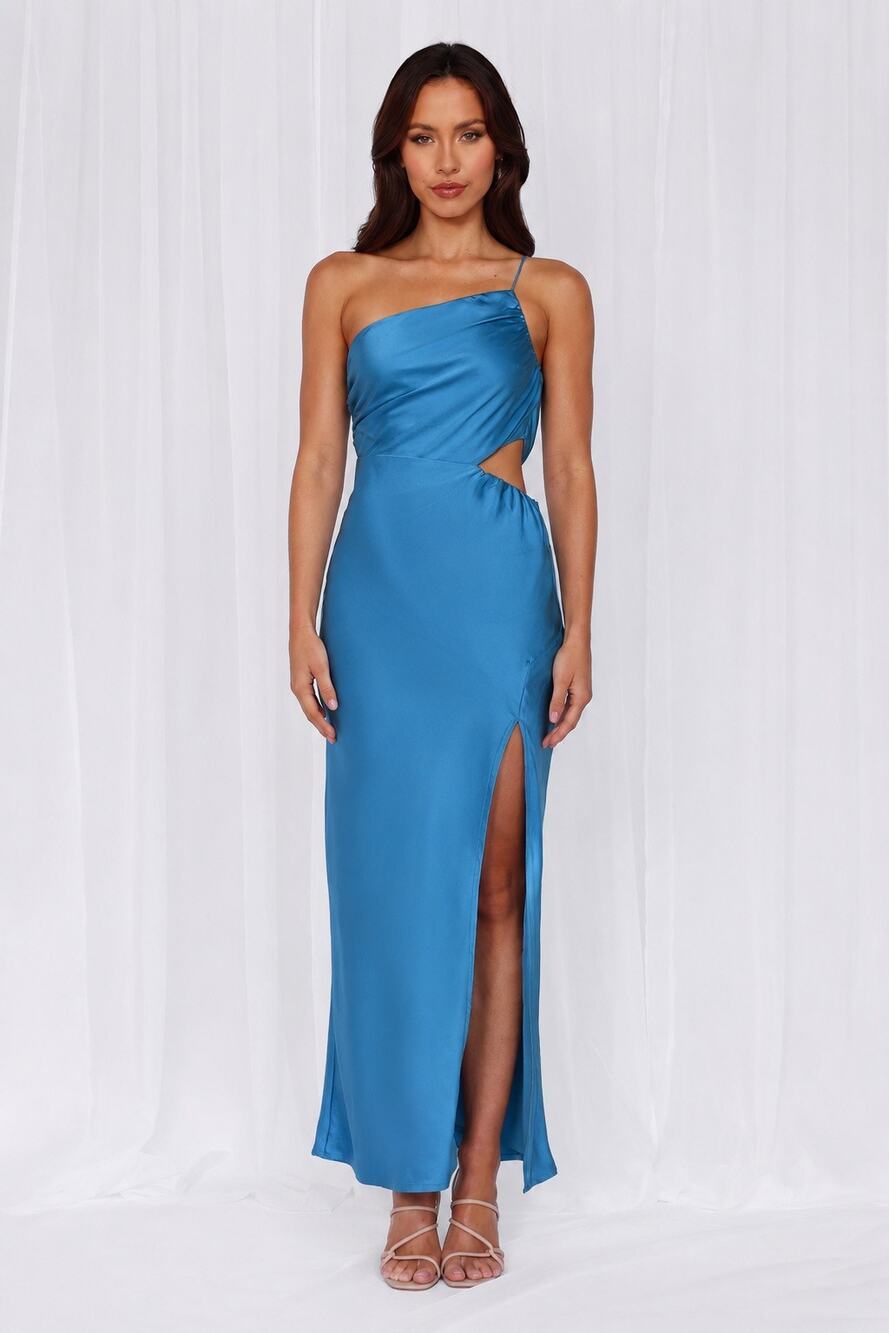 Hello Molly Blue One Shoulder Satin Maxi Dress Side Ruched Formal Gown Size 4